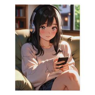 Póster Chica Anime Lofi Acogedora Auriculares Vibra Chill