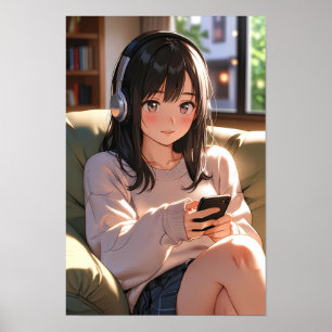 Póster Chica Anime Lofi Acogedora Auriculares Vibra Chill