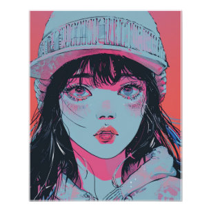 Póster Chica Anime Pastel con Arte de Gorro