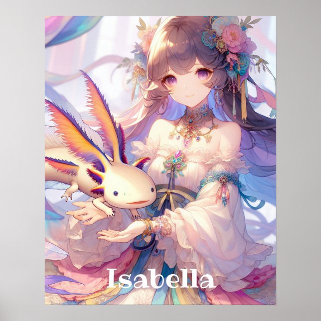 Póster Chica Anime personalizado y Axolotl (Frente)