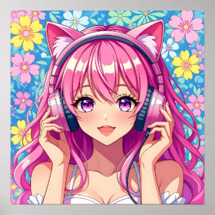 Póster Chica anime rosa linda con auriculares