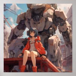 Póster Chica anime sentado en una mano gigante de robot -
