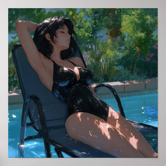Póster Chica Anime Soleada con Traje de Baño Negro junto 