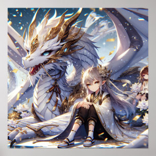 Póster Chica anime y dragón blanco y de oro