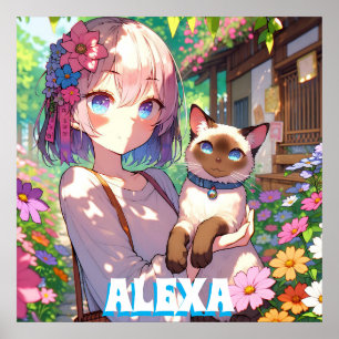 Póster Chica anime y gato siamés personalizado