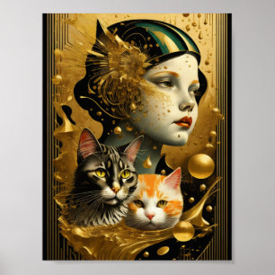 Póster Chica Art Deco y gatos