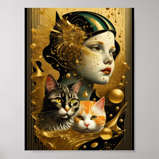 Póster Chica Art Deco y gatos (Frente)