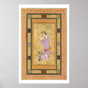 Póster Chica asentado que se encrespa el pelo en rizos,