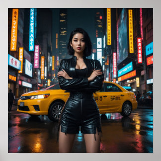Póster Chica asiático en el paisaje de la ciudad nocturna