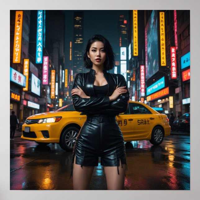 Póster Chica asiático en el paisaje de la ciudad nocturna (Frente)