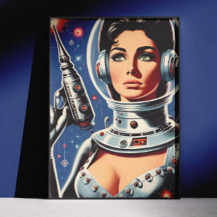 Póster Chica astronauta de ciencia ficción vintage