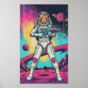 Póster Chica Astronauta Retro Futurista