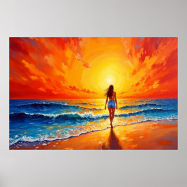 Póster Chica atardecer playa caminar olas oceánicas decor