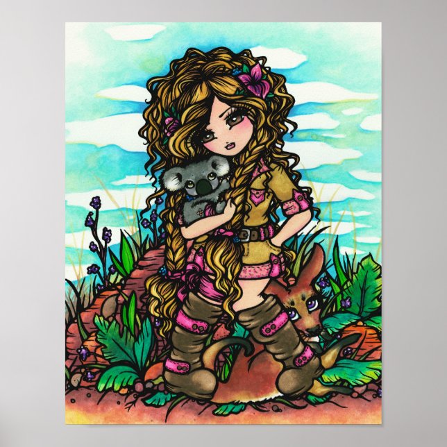 Póster Chica australiano Koala Kangaroo Art Australia Out (Frente)