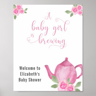 Póster Chica Baby Shower Tetera Rosa y Flores Bienvenida