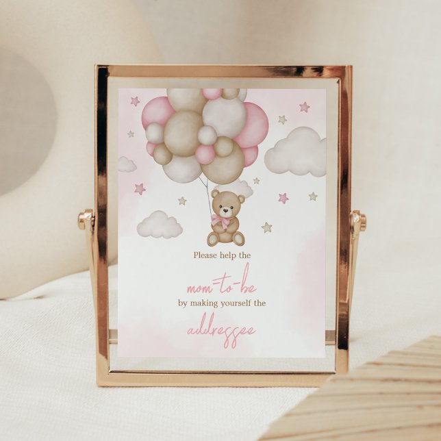 Póster Chica Bear Balloon Baby Shower Envelope Station (Pink Boho Bear Balloon Baby Shower Envelope Station Sign)