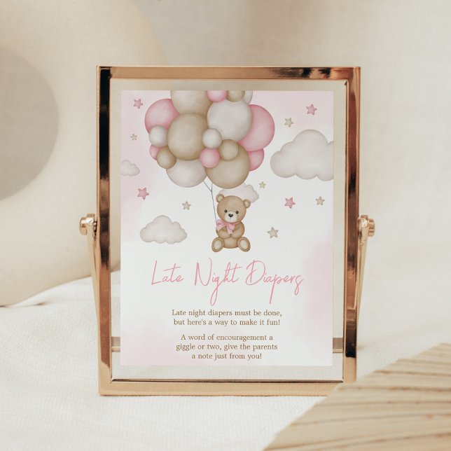Póster Chica Bear Balloon Baby Shower Tarde Noche Diapers (Pink Boho Bear Balloon Baby Shower Late Night Diapers Sign)