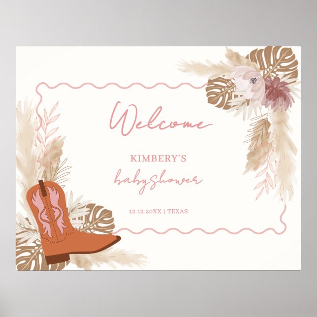 Póster Chica Boho Cowgirl Boots Pampas Bienvenidos a Baby (Frente)