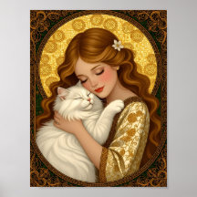 Chica Bonita Abraza Gato Blanco Esponjoso Art Nouv