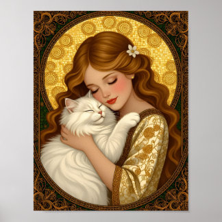 Póster Chica Bonita Abraza Gato Blanco Esponjoso Art Nouv