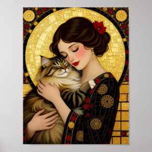 Póster Chica bonita y gato lindo Art Nouveau Gustav Klimt