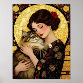 Póster Chica bonita y gato lindo Art Nouveau Gustav Klimt