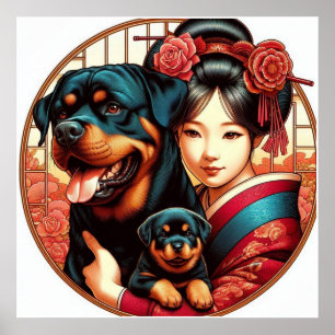 Póster Chica bonito con mamá y grupo Rottweiler