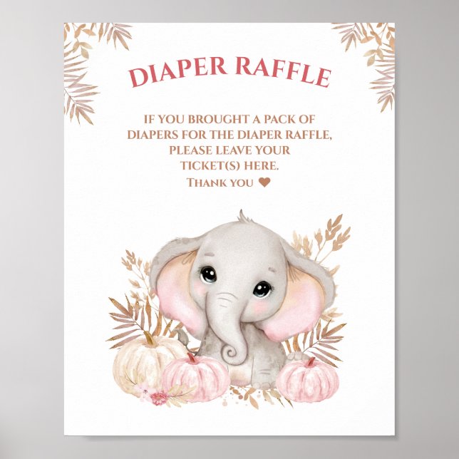 Póster Chica Caída Elefante Baby Shower Diaper Raffle Rót (Frente)