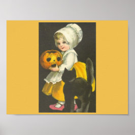 Póster Chica Calabaza Negro Gato Vintage Halloween Poster