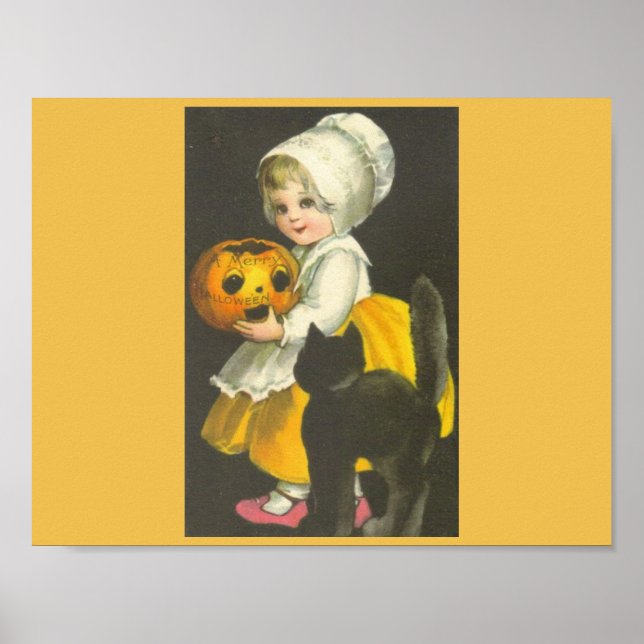 Póster Chica Calabaza Negro Gato Vintage Halloween Poster (Frente)