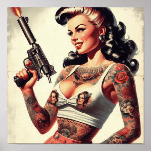 Póster Chica caliente del tatuaje de la vieja escuela