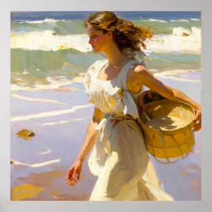 Póster Chica caminando con canasta a lo largo de la costa