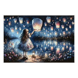 Póster Chica caprichosa del lago de linternas celestes