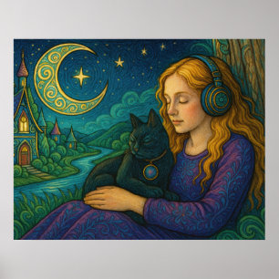 Póster Chica caprichoso con gato negro bajo la luna creci
