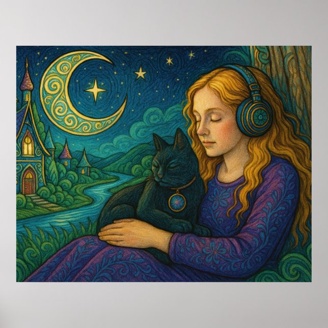 Póster Chica caprichoso con gato negro bajo la luna creci (Frente)
