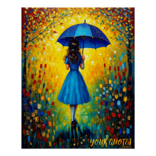 Póster Chica caprichoso con paraguas azules