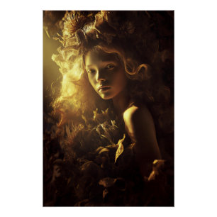 Póster Chica Capullo de Hoja de Otoño Resplandor Dorado