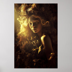 Póster Chica Capullo de Hoja de Otoño Resplandor Dorado