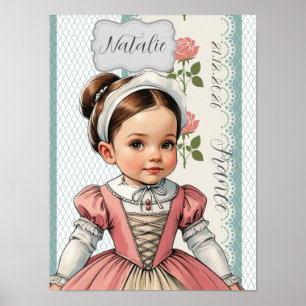 Póster Chica caricatura vestida con ropa vintage francesa