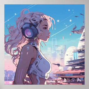 Póster Chica cibernético rosa - Poster estilo manga