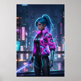 Póster Chica ciberpunk de neón | Guerrera de ciudad futur