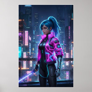Póster Chica ciberpunk de neón Guerrera de ciudad futur