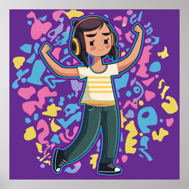 Póster Chica con audífonos con flexión y relajación (Frente)