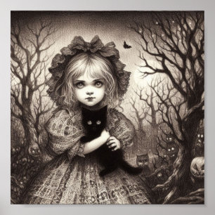 Póster Chica con Black Kitten Spooky Retro Halloween