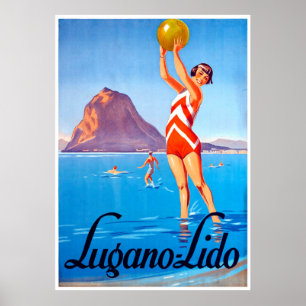 Póster Chica con bola de playa en el lago de Lugano, Suiz