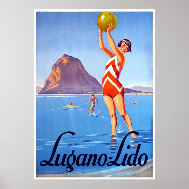 Póster Chica con bola de playa en el lago de Lugano, Suiz (Frente)