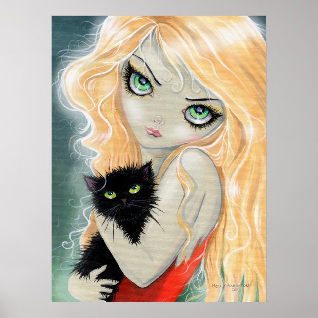 Póster Chica con cartel de gato negro Imprimir (Frente)