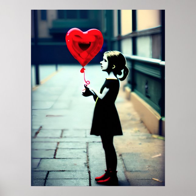 Póster Chica con cartel de globo de corazón rojo (Frente)