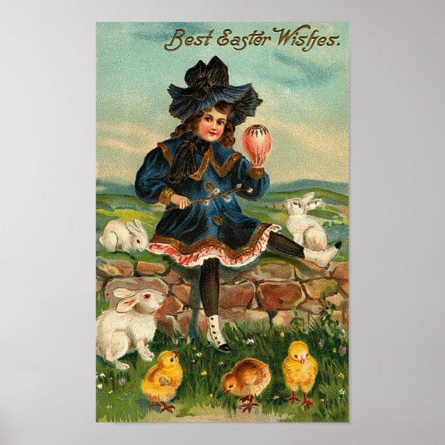Póster Chica con chicles y conejos Vieja Pascua (Frente)