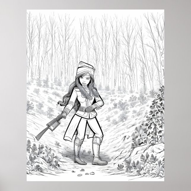 Póster Chica con escoba en el bosque invernal (Frente)